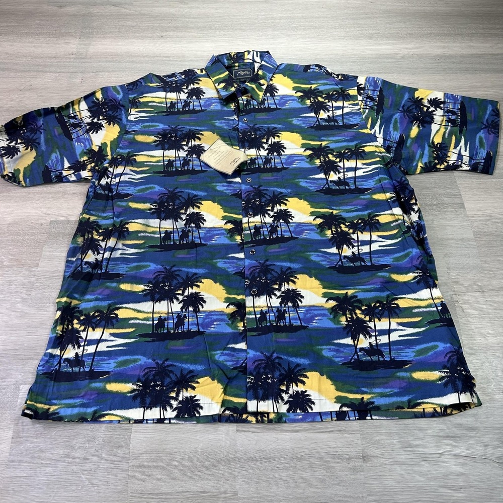 Roper Shirt Mens XL Blue Cowboy Palm Tree Hawaiian Short Sleeve‎ Snap Button Up